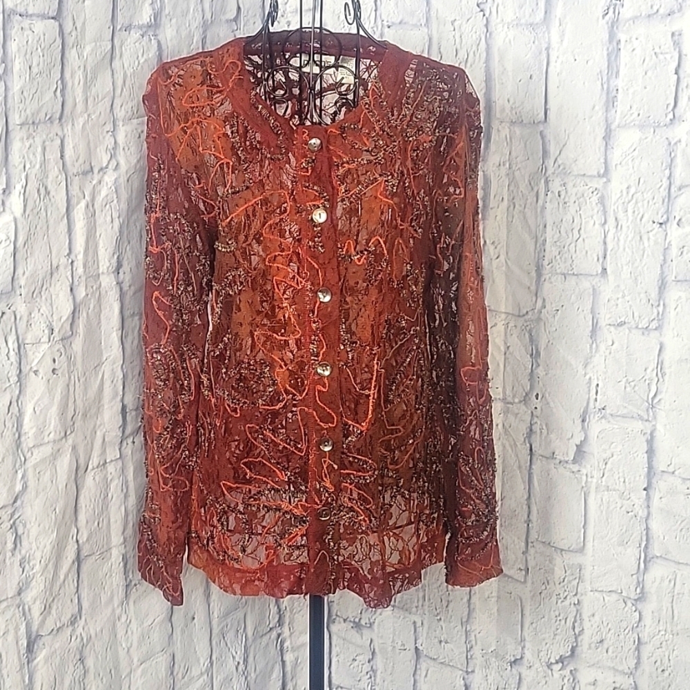 CHICO'S Button Up Lace‎ Floral Embroidered Sheer Red Blouse/Jacket Size1/Medium